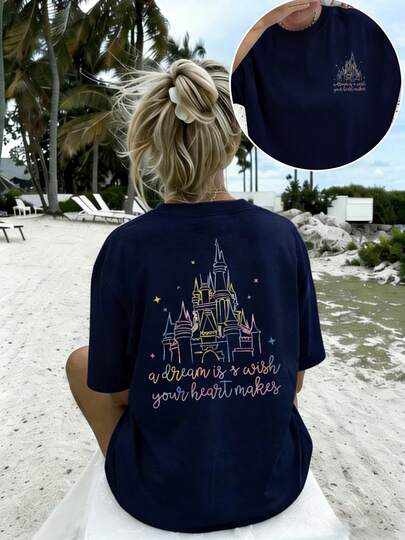 2026 Summer New Women's Round Neck T-Shirt - "Dreams Come True" Castle Double-Sided Print T-Shirt, Dreamy Casual Top, Soft And Lightweight, A Must-Have For Fairy Tale Fans, An Ideal Gift For Lovers Of Fantasy Style, Breathable And Fashionable Pure Cotton Short Sleeve