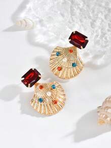 1 Pair Boho Golden Shell Summer Earrings With Red Acrylic &Multicolor Rhinestones&Faux Pearl, Vintage Ocean Statement Jewelry For Women, Beach Holiday Accessories ,Daily Wear Date Party Mother's Day Gift - Red - View 4