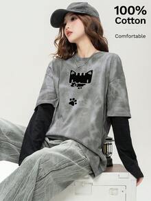 JUTU Spring & Autumn Cartoon Print Patchwork Tee, Loose Fit Crew Neck Long Sleeve Top, Suitable For Vacation, Spring Festival Casual - 409 Ash Black - KJ0217 - View 3