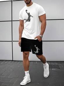 男士T恤短裤套装，3D数码印花，涤纶面料，户外运动时尚T恤，宽松舒适短裤，篮球休闲装，旅行 - 彩色 - 查看 4