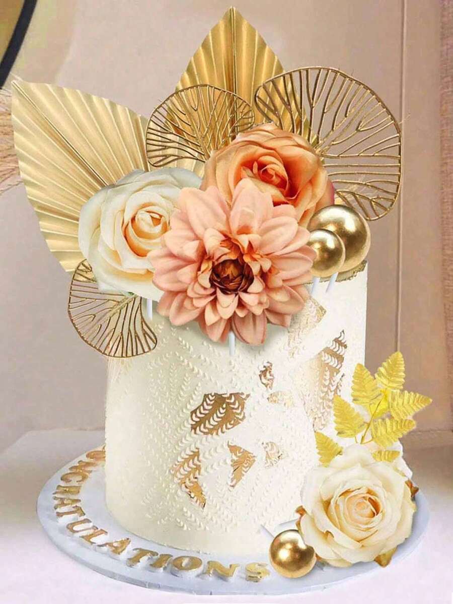 1 Set Bohemian Style Cake Decorations, Including Gold Fan, Artificial Roses, Artificial Gold Ginkgo Leaves And Spherical Decors, Suitable For Weddings, Birthdays, Boho Floral Theme Parties And Other Occasions (Gold) - Gold - View 1