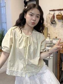 Women Tops - Yellow Lace-up Tie Shirt - View 3