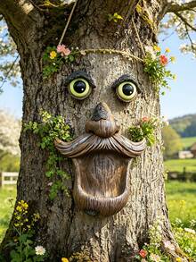 1 pieza Alimentador de pájaros con forma de árbol y maceta, decoración exterior de árbol interesante con ojos grandes y bigote, adecuado para colgar en el patio, jardín, terraza o patio trasero como alimentador de pájaros, decoración de resina impermeable, arte de patio único, excelente para observación de aves y amantes de la naturaleza, adecuado para decoración exterior de primavera/verano, puede atraer gorriones y otros pájaros pequeños - A - Ver 5