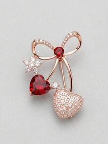 Rose Gold Crystal Bow & Double Heart Brooch, Luxury Lapel Pin For Coat, Jacket, Elegant Gift For Friends, Sweet Heart Design, Suitable For Date And Work - Red - View 8