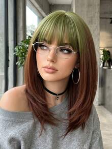 14 Inch Gradient Green To Reddish Brown Straight Synthetic Wig With Bangs, Heat Resistant, Easy To Wear And Maintain, Perfect For Daily Wear, Y2K Style, Party, Cosplay, Music Festival, Halloween, Ideal Holiday Gift For Girls - Brown Ombre - View 1