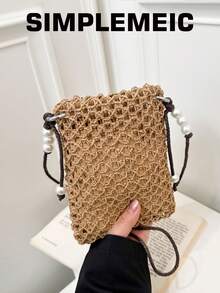 Pochette de téléphone en paille tressée à ouverture supérieure avec décoration de perles minimaliste, sac de plage d'été pour femmes, sac à provisions léger pour maquillage et pièces de monnaie, sac bandoulière - Kaki - Voir 1