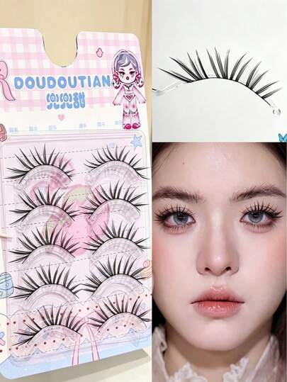 DOUDOUTIAN 5 Pairs French Coral False Eyelashes, Korean Ins Minimalist Cool Style, Natural Full Volume, One‑Piece Easy To Wear For Newbies 7-12mm