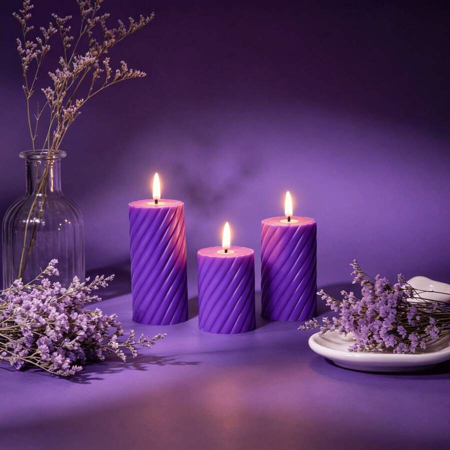 3pcs Set Dreamy Purple Striped LED Electronic Candles, Realistic Flickering Flame Effect, Home Bedroom Living Room Decor, Candlelight Dinner Proposal Party Atmosphere Lighting, Vanity Table Desk Ornament - Purple Spiral - View 1
