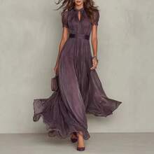 New Spring Summer V-Neck Ruffle  Dress, Waist Slim Flared Elegant Dress - 紫色 - 查看 1