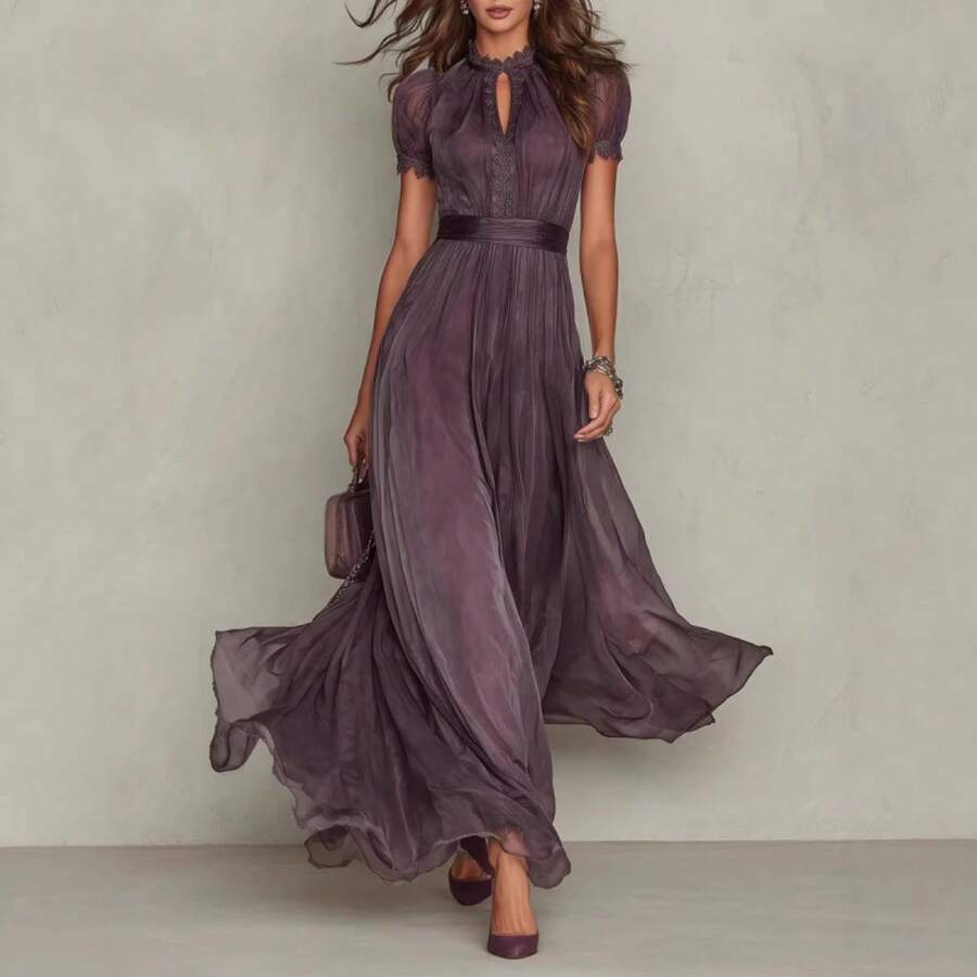 New Spring Summer V-Neck Ruffle Dress, Waist Slim Flared Elegant Dress - 紫色 - 查看 1