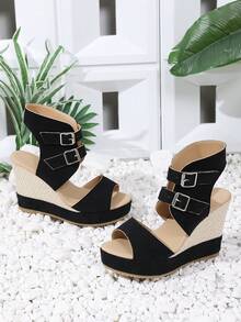 2026 Women's Summer Thick Sole Wedge High Heel Open Toe Sandals, Black Double Buckle Ankle Boots Style Hollow Peep Toe Platform Casual Sandals, Fashion Versatile Daily Wear Women Shoes - Black - View 3
