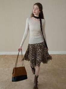 Rok A-Line Longgar Motif Leopard Terbaru, Rok Kasual dengan Hem Bergelombang untuk Wanita, Musim Semi & Gugur - Khaki - View 5