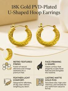 1 paire de boucles d'oreilles créoles épaisses en acier inoxydable plaqué or avec texture écaillée tressée pour femmes, résistantes à la tarnissure, plusieurs styles disponibles - Multicolore - Voir 5