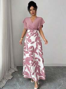 Women's Elegant Burgundy Red Leaf Pattern Ruched Cap Sleeve Fitted Flared Dress, Spring/Summer - Multicolor - View 11