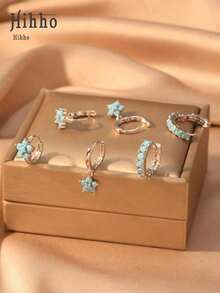 Hihho 6 Pieces Simple & Fashionable Shiny Flower Pendant Earring Set With Full Zirconia Inlay - Luxury Jewelry Ear Accessories Gift Valentines,Mom,Mother,Mother's Day,Gift - Xanh ngọc lam - Xem 7