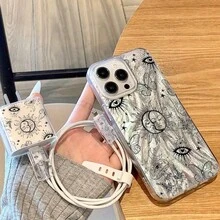 Set de 5 en 1: Funda de teléfono con diseño de pluma, concha y planeta + Cubierta del cargador + Protector de cable + Organizador de cable, Funda protectora a prueba de golpes de TPU para iPhone 6/7/8/X/XS/XR/11/12/13/14/15/16 Pro Max, adecuado como regalo de cumpleaños o Navidad para parejas, novias, hijas, adolescentes - Multicolor - Ver 2