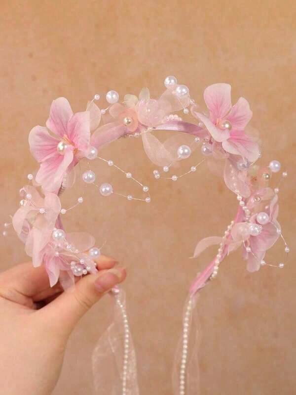 1pc Girls Faux Flower Pearl Headband, Elegant Beaded Floral Headpiece, Suitable Girls Daily Travel Hairstyles