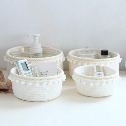 1pc Round Lace Hand-Woven Storage Box Desktop Sundries Storage Basket Remote Control Cosmetics And Snack Storage Container Electronics Basket