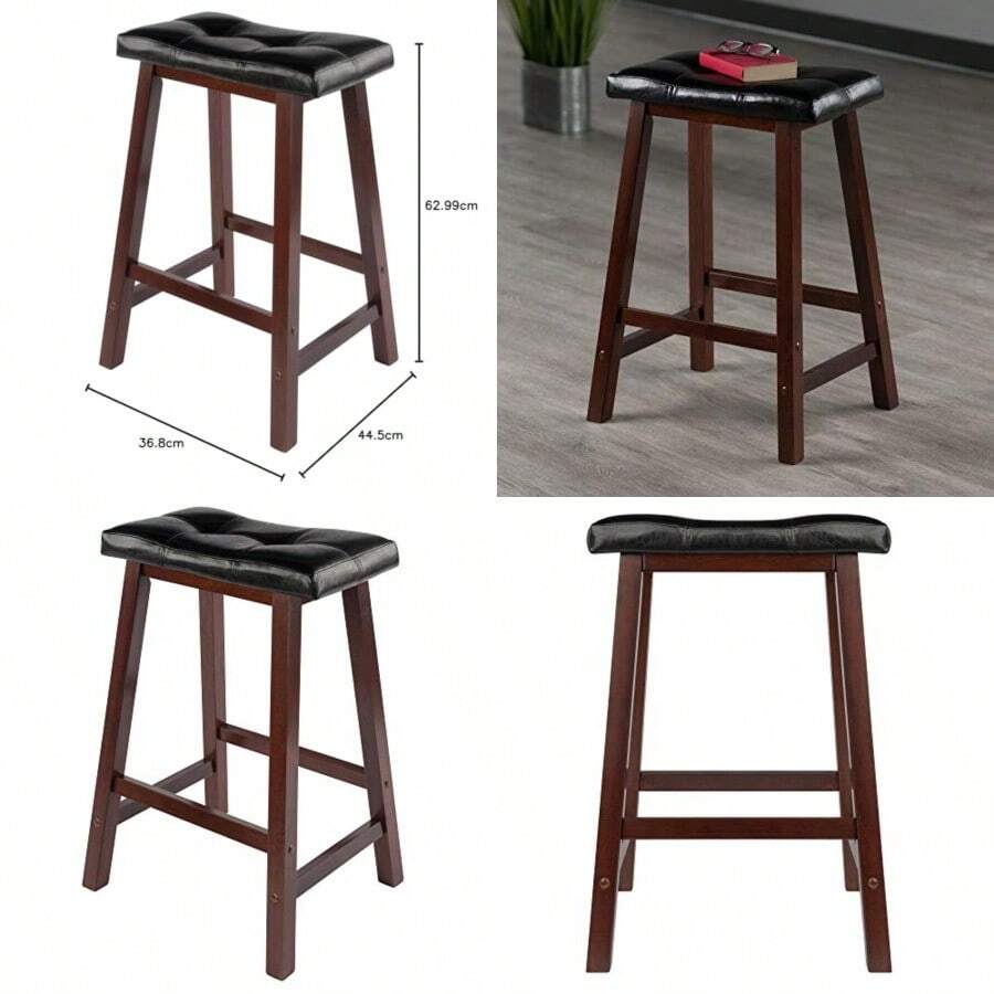 Winsome Mona Taburete sillín acolchado de 61 cm cuero sintético negro patas de madera - Bastante antiguo - Ver 1