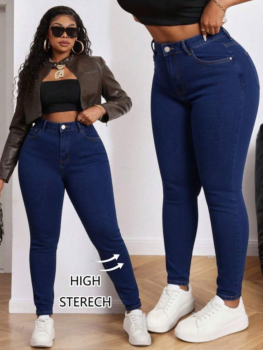 Curvy Size Skinny Jeans In Dark Wash Denim, Medium Stretch - Deep Blue - View 1