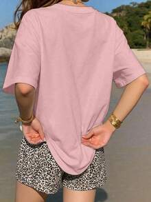 2 piezas Conjunto de top de manga corta con estampado FLOR y short animal print estampado animal para mujer- Traje de verano de dos piezas para mujer para vacaciones en la playa - Rosa - Ver 3