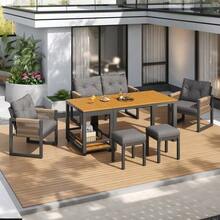 Modern Outdoor Sofa Set, Leisure And Meeting Set For Several People, Iron Frame, Woven Armrests, Includes Seat Cushions, Multifunctional Table - Grey, Natural - View 6