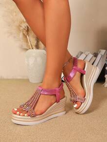 Giày sandal đế xuồng phong cách Bohemian mới năm 2025 dành cho nữ, sandal cao gót đế dày kiểu La Mã. - Màu Hồng Tươi - Xem 5
