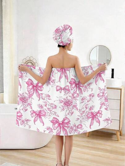 1/2pcs Pink Butterfly Pattern Design, Button-Up Bathrobe And Hair Towel Set - Soft Polyester, High Absorbency Bath Towel And Robe, Women's Wearable Bathrobe Towel, Suitable For Bathing, Sauna And SPA, Essential For Bathroom, Summer Beach, Suitable For Wedding, Anniversary, Wedding Venue, Living Room, Bathroom, Hotel, Beach