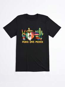 Camiseta negra con estampado de sombrero mexicano cactus y texto Peace Love Mexico para fiestas y viajes - Negro - Ver 2