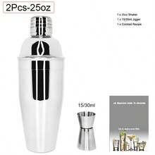 KCJLHGT 2/16/22 Pieza Juego de Coctelera, 750ml(25oz), 750/600ml(25/20oz) Cocteleras Boston, Juego de Herramientas de Bar de Acero Inoxidable con Soporte de Acrílico Negro para Mezclar Cócteles, Hogar, Bar, Fiesta - Plateado - Ver 12