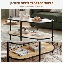 2-Tier Rattan Coffee Table,Modern Farmhouse Oval Rattan Coffee Table , Tempered Glass Top, Rattan Storage Shelf, - Star - View 4