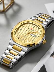 男士奢華運動品牌不鏽鋼 43.5mm 錶盤 原裝雙日曆機芯 商務石英腕錶 VA VA VOOM 情人節禮物 男士腕錶 銀黑運動風 條紋夜光 3Bar 典雅男士腕錶 - 金色 - 查看 3