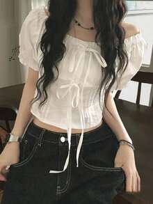 女款蝴蝶結領短袖襯衫，夏季白色，美學風格 - 白色 - 查看 1