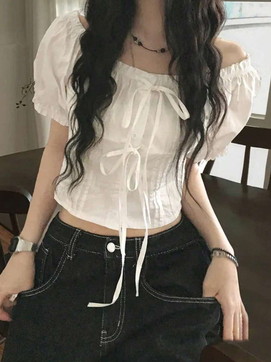 女款蝴蝶結領短袖襯衫,夏季白色,美學風格 - 白色 - 查看 1
