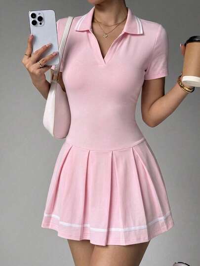 修身褶裥Polo领连衣裙，内置安全短裤和口袋，优雅女士夏季连衣裙，简约时尚实用女士夏季连衣裙，女士春夏Polo领连衣裙
