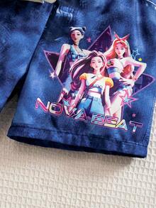 Conjunto de 2 piezas estiloso de degradado púrpura para niñas jóvenes, con parte superior estampada de dibujos animados y shorts estampados, adecuado para actividades diarias, escuela, salidas de fin de semana, fiestas, festivales de música y sesiones de fotos en primavera/verano - Morado - Ver 10