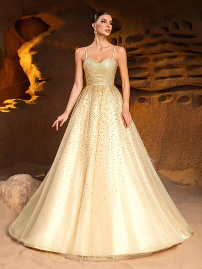 Faeriesty Vestido largo elegante con tirantes finos y decoración de diamantes, falda fluida de gasa, adecuado para banquetes, galas, celebraciones, aniversarios