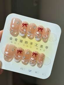 10片装短方形手工按压式美甲，裸粉色底，白色法式尖，红色蝴蝶结、爱心和水钻装饰，100%纯手工绘制，可重复使用，适合女性日常佩戴 - 彩色 - 查看 1