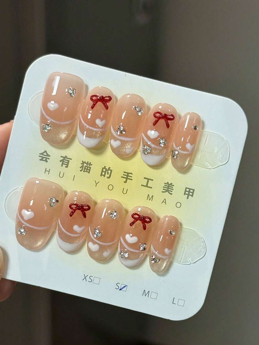 10片装短方形手工按压式美甲，裸粉色底，白色法式尖，红色蝴蝶结、爱心和水钻装饰，100%纯手工绘制，可重复使用，适合女性日常佩戴 - 彩色 - 查看 1
