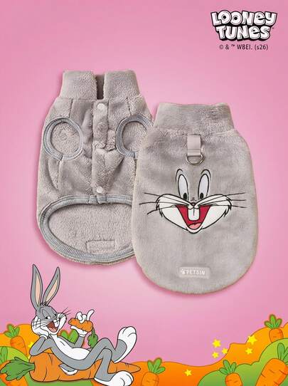 LOONEY TUNES X PETSIN 1 Áo khoác không tay mềm mại, ấm áp và thoải mái, chống trượt, thêu hình thỏ xám vui vẻ dành cho thú cưng (mèo, chó) với khóa cài.