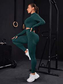 Seamless Zip-Up Tracksuit With Thumb Holes - Dark Green - View 3