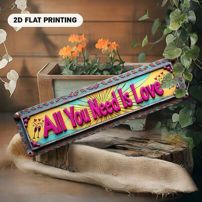 复古“爱就是一切”金属标牌 - 乡村农舍风格墙饰，浪漫爱情标语，适用于家居、厨房、哥特式房间 - 预钻孔设计，可悬挂或摆放在桌面，独特礼品之选，尺寸 15.7 x 3.9 英寸，平面 2D 造型，完美的房间装饰