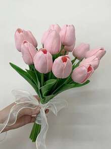 Textura realista, adecuada para novia/dama de honor de boda, ramo de novia artificial de tulipanes blancos y rosa caramelo hechos a mano, accesorios de boda, decoración para el hogar, fiesta de boda, Día de San Valentín - Blanco - Ver 6