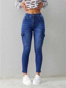 1 par de vaqueros con efecto lavado, diseñados para mujeres que buscan un estilo urbano y chic, la elección perfecta para el día a día. - Azul - Ver 3