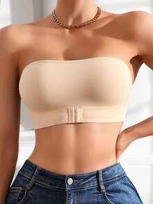 2pcs/Set Front Closure Solid Color Strapless Bandeau Bra With Upgraded Non-Slip Silicone Strips, Comfortable Soft Cup Wireless Bra, Lingerie For Women (Black+Apricot) - 彩色 - 查看 7