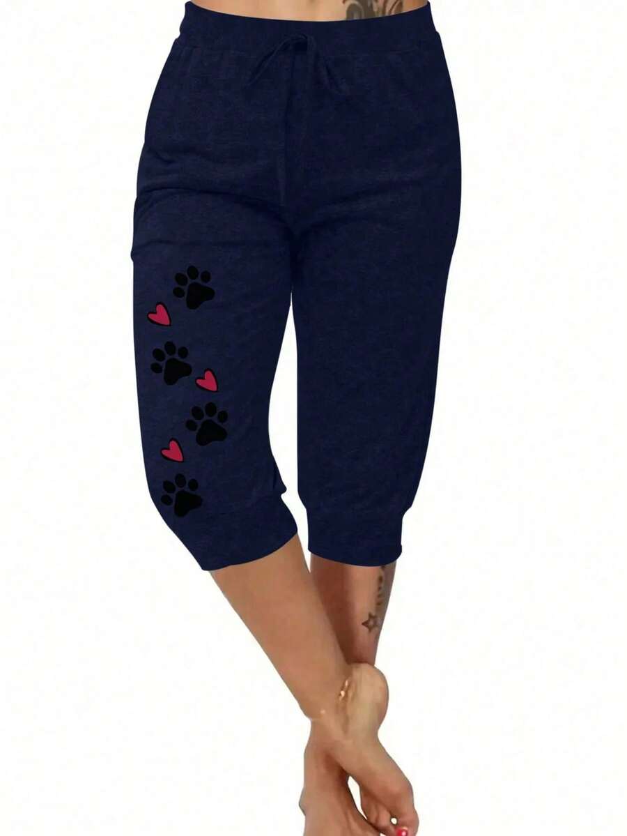 europeo y americano transfronterizo novedad de verano estampado elástico cintura bolsillo corbata legging pantalones cortos - Azul oscuro - Ver 1