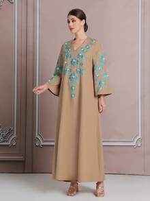 Khaki Embroidery, Middle Eastern Style 3D Holographic Embroidery, Rhinestone-Encrusted Elegant Robe/Coat,Kaftan Robe, Abaya Robe BC4648(Custom Design) - Camel - View 4