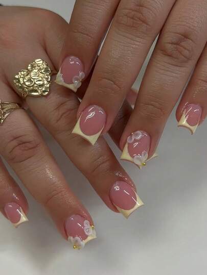 24pcs Short Square Minimalist Yellow French Tip Acrylic Nail Stickers, White Embossed Floral & Golden Pearl Decor Design, Elegant Style Full Coverage Nail Art For Summer, Suitable For Girls And Women For Daily, Date, Party Wear