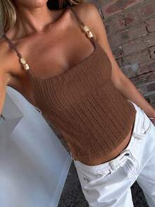 Vaiaye Women's Casual Solid Color Fitted Camisole With Shell Decor, Jacquard Texture Camisole, Suitable For Beach, Holiday, St. Patrick's Day, And Commuting Summer - Brown - View 9