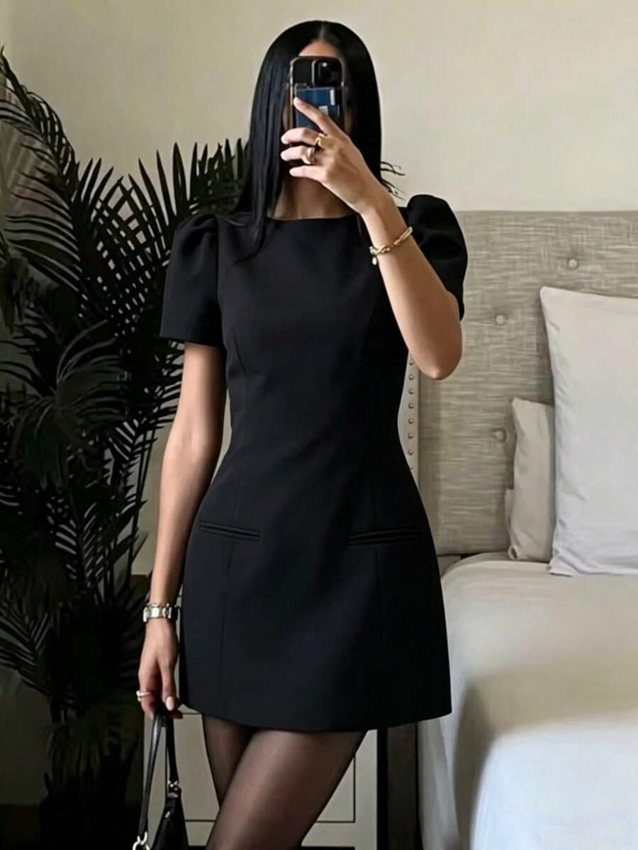 DEEKA Spring/Summer New Arrival Women's Fashion Pleated Pocket Mini Dress, European And American Style Black Elegant